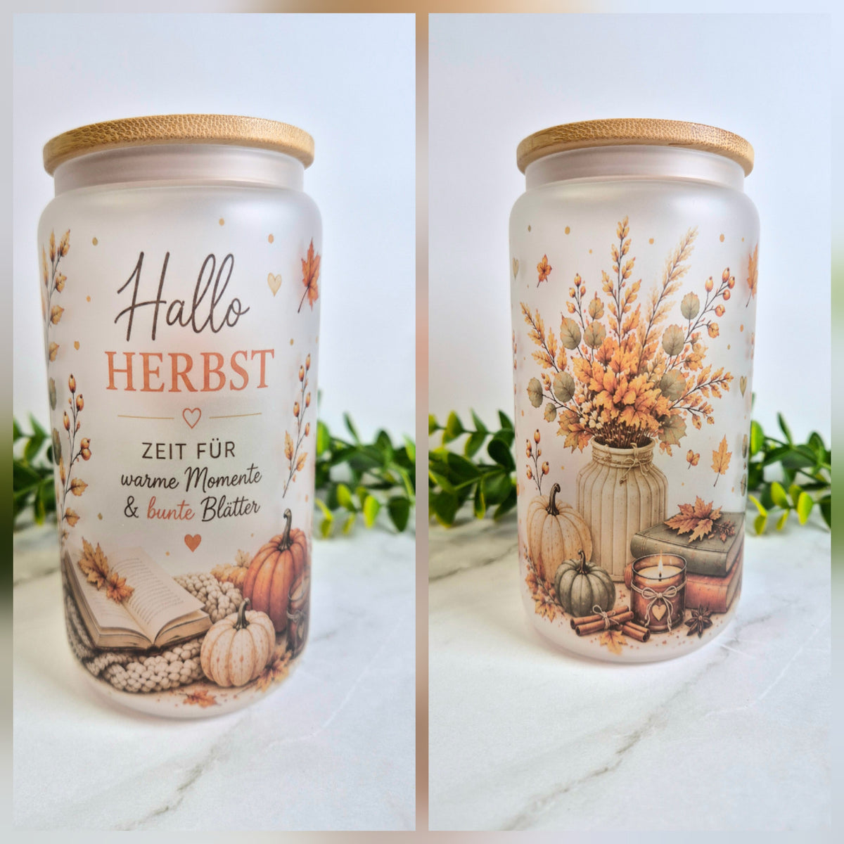Milchglas mit Bambusdeckel - "Hallo Herbst"